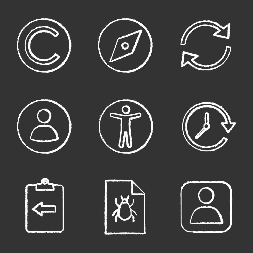 UI UX chalk icons set. Copyright, explore tool, refresh arrow, userpic, accessibility, update, assignment return, bug report, account user. Isolated vector chalkboard illustrations