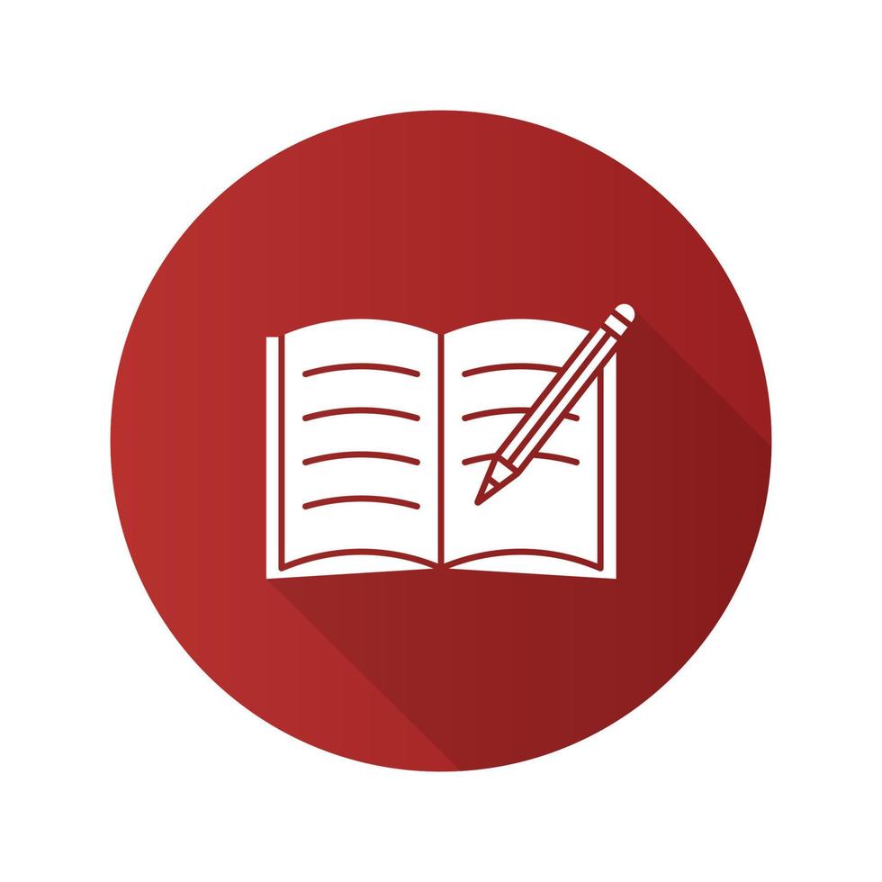 Copybook with pencil flat linear long shadow icon. Taking notes. Notepad. Vector outline symbol