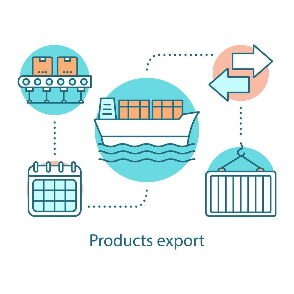 Products export concept icon. Logistics and distribution. Delivery service idea thin line illustration. Water freight transportation. Cargo shipping. Vector isolated outline drawing