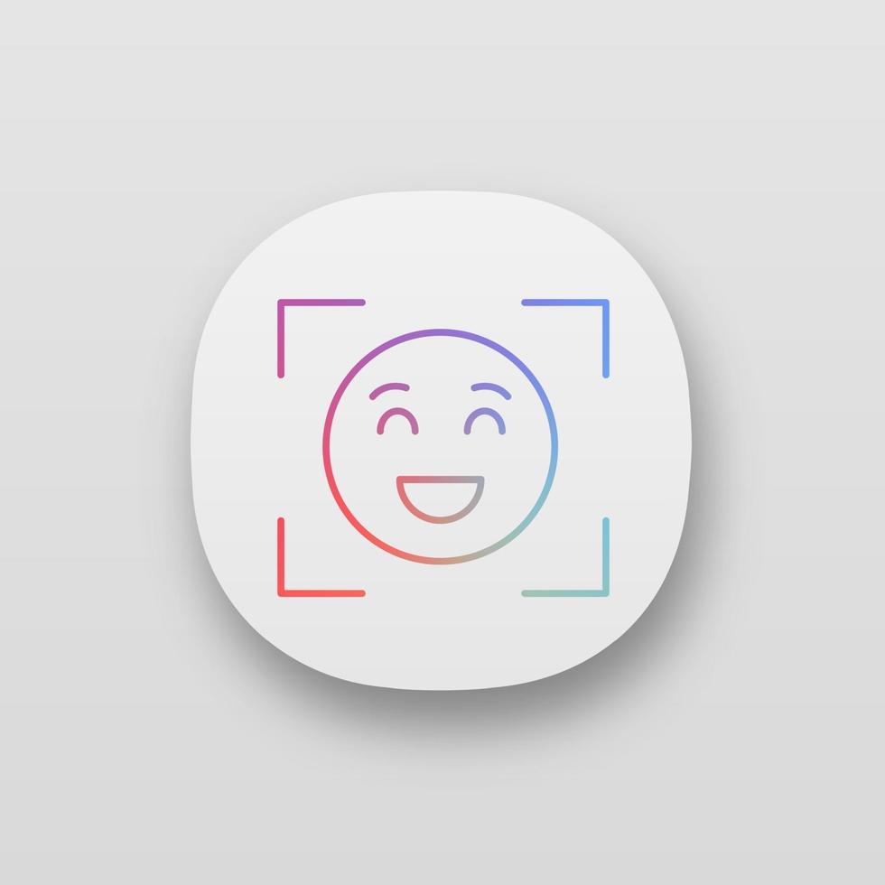 Facial recognition app icon. Face scan. UI UX user interface. Emotion detection app. Face ID. Smiley in focus. Web or mobile application. Vector isolated illustration