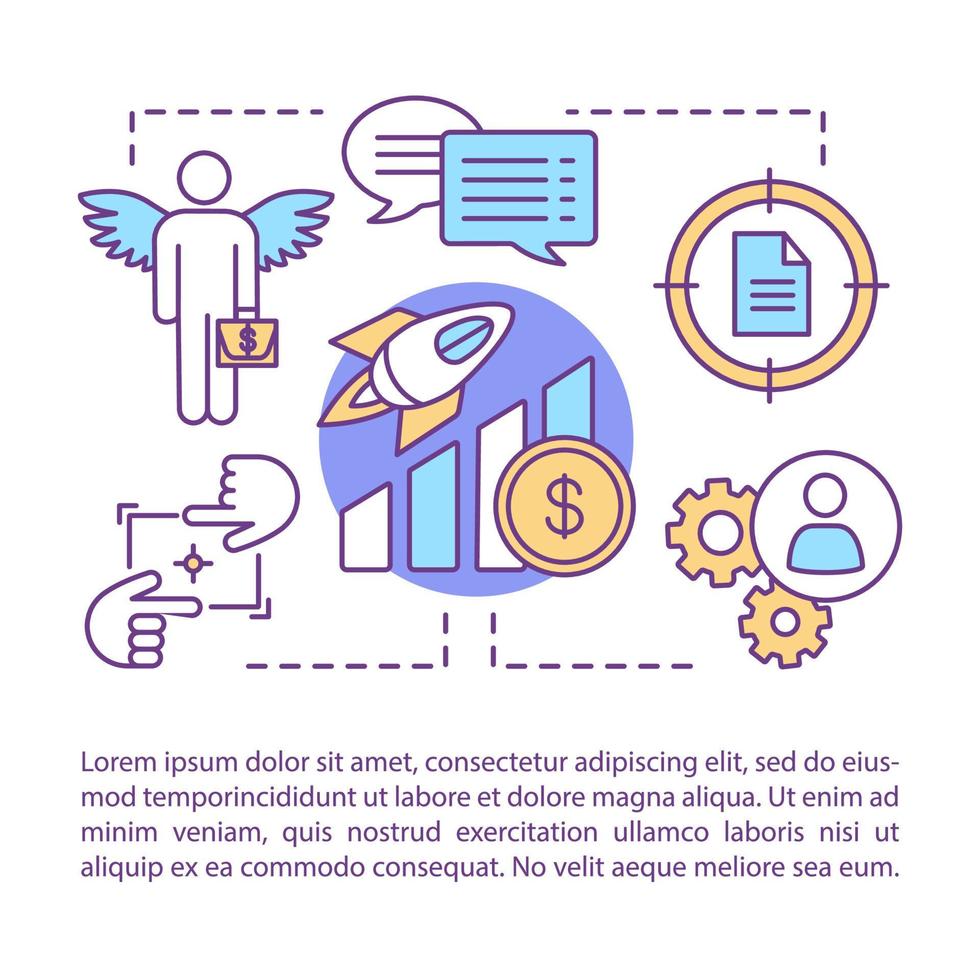 Financial management concept linear vector illustration. Business development. Startup launch. Investment. Article, brochure, magazine page layout. Thin line icons with text boxes. Print design