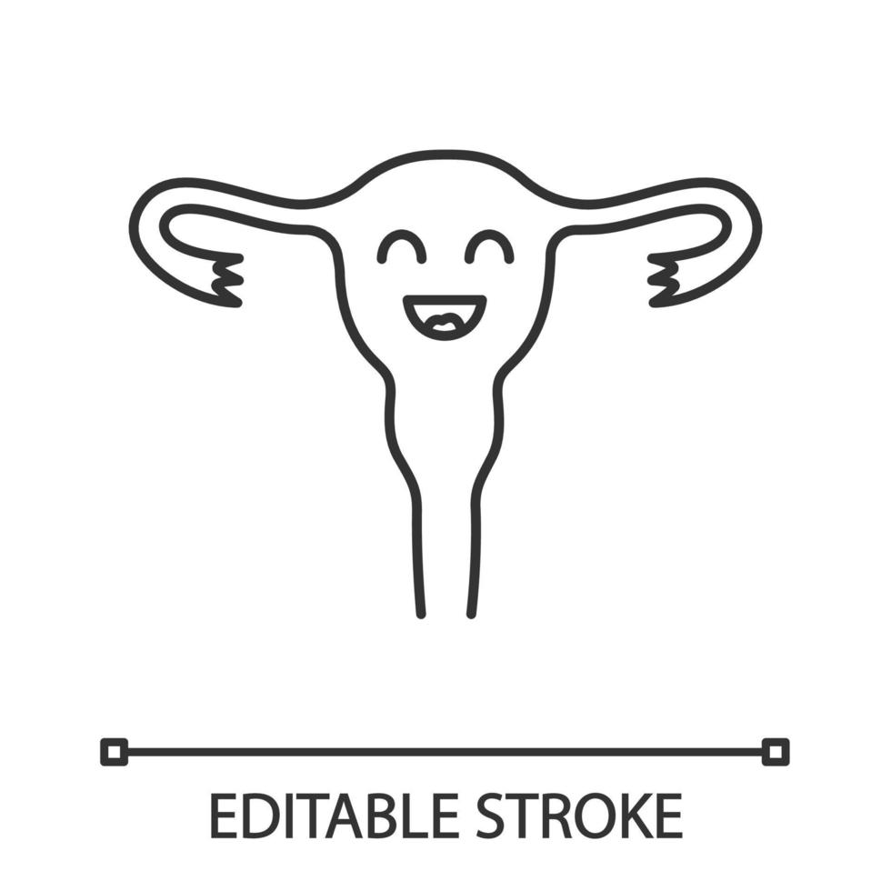 Smiling uterus linear icon. Womens health. Fertility. Thin line illustration. Healthy female reproductive system. Contour symbol. Vector isolated outline drawing. Editable stroke