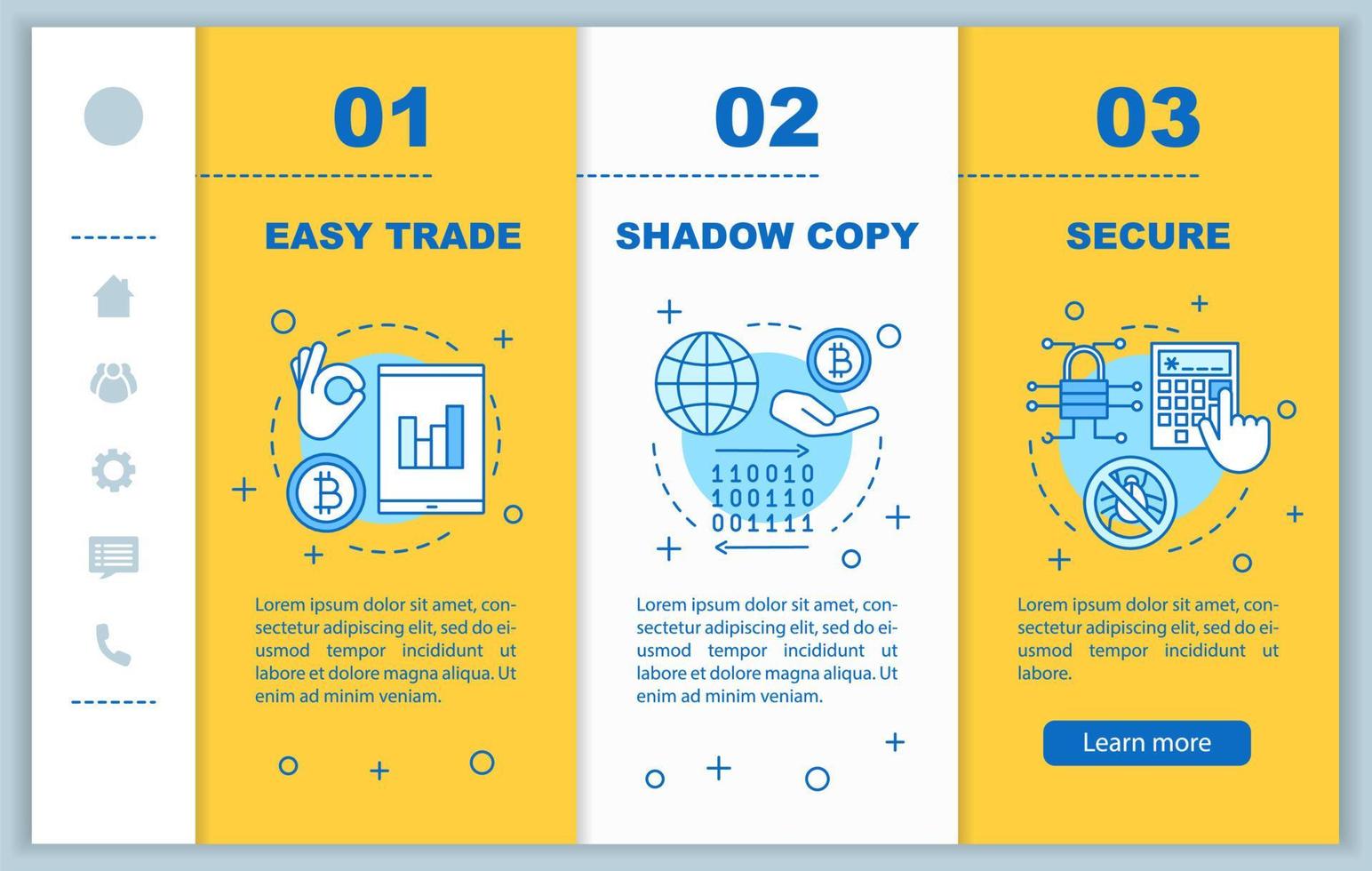 Internet business onboarding mobile web pages vector template. Online trading app. Easy trade, shadow copy, digital security. Responsive smartphone website interface. Webpage walkthrough step screens