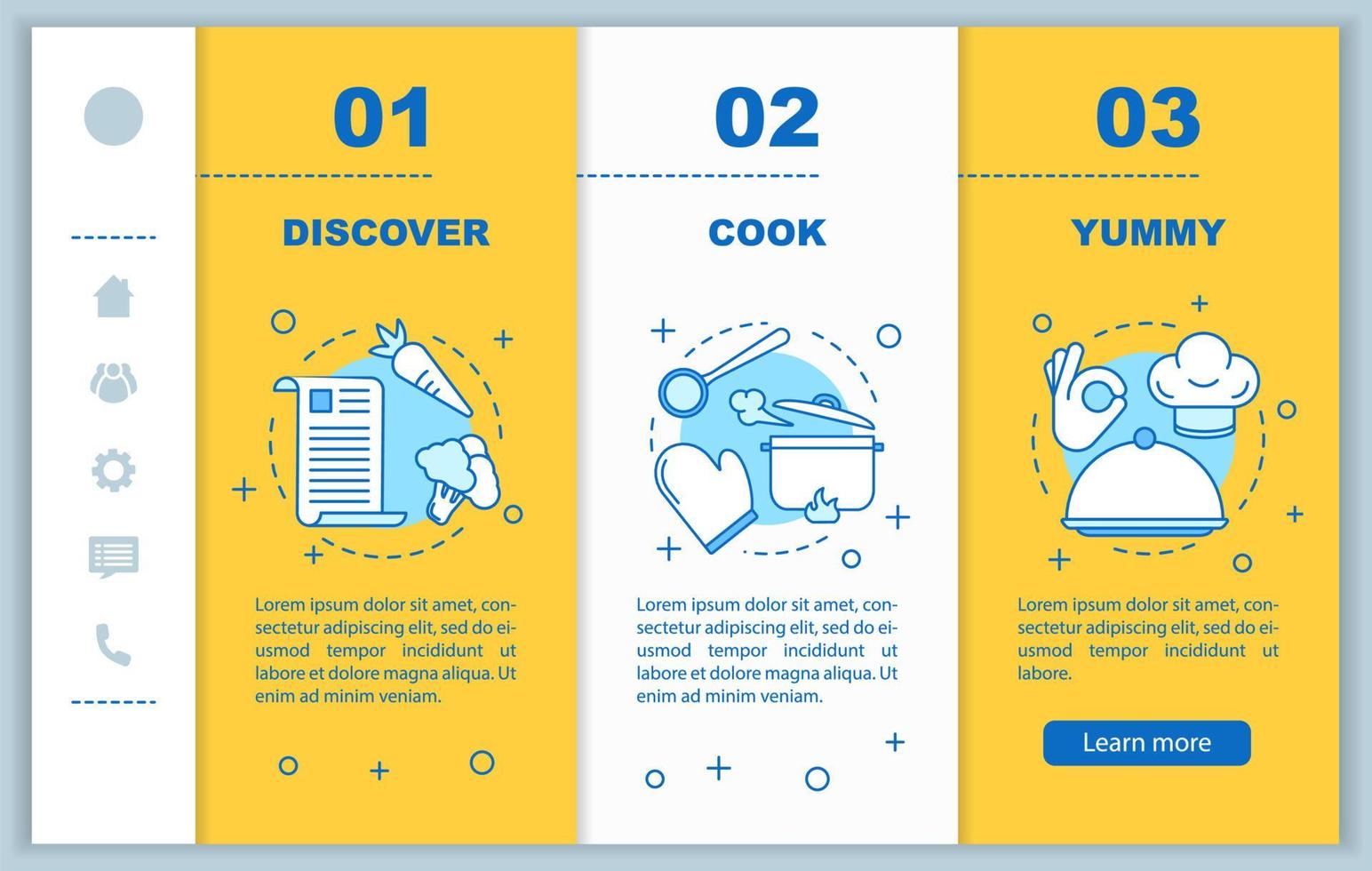Cooking food onboarding mobile web pages vector template. Discover recipes, meal preparation, yummy. Responsive smartphone website interface. Webpage walkthrough step screens. Color concept