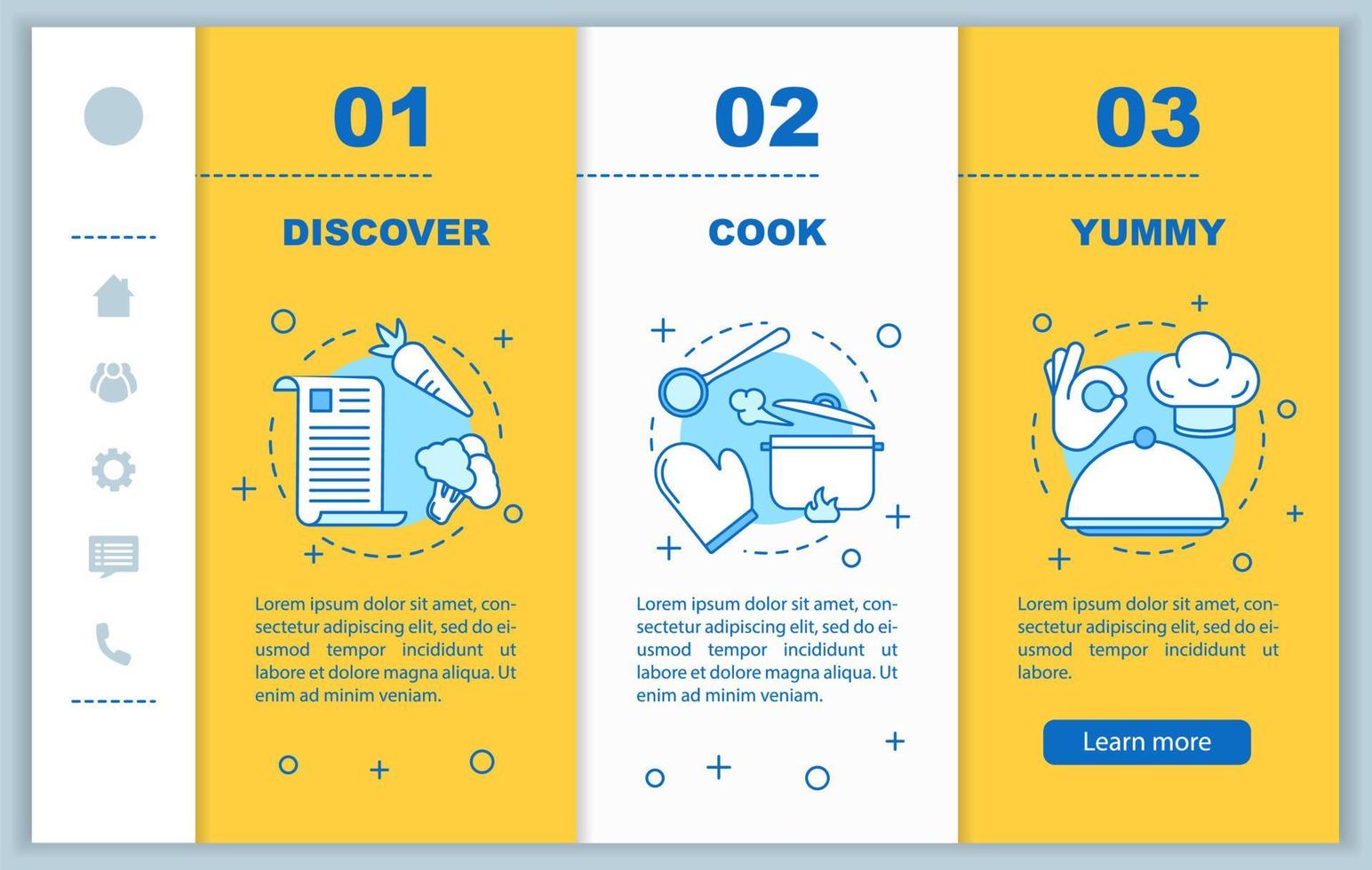 cocinando comida incorporando plantilla vectorial de páginas web móviles. descubrir recetas, preparación de comidas, delicioso. interfaz de sitio web de teléfono inteligente sensible. pantallas de pasos del tutorial de la página web. concepto de color vector