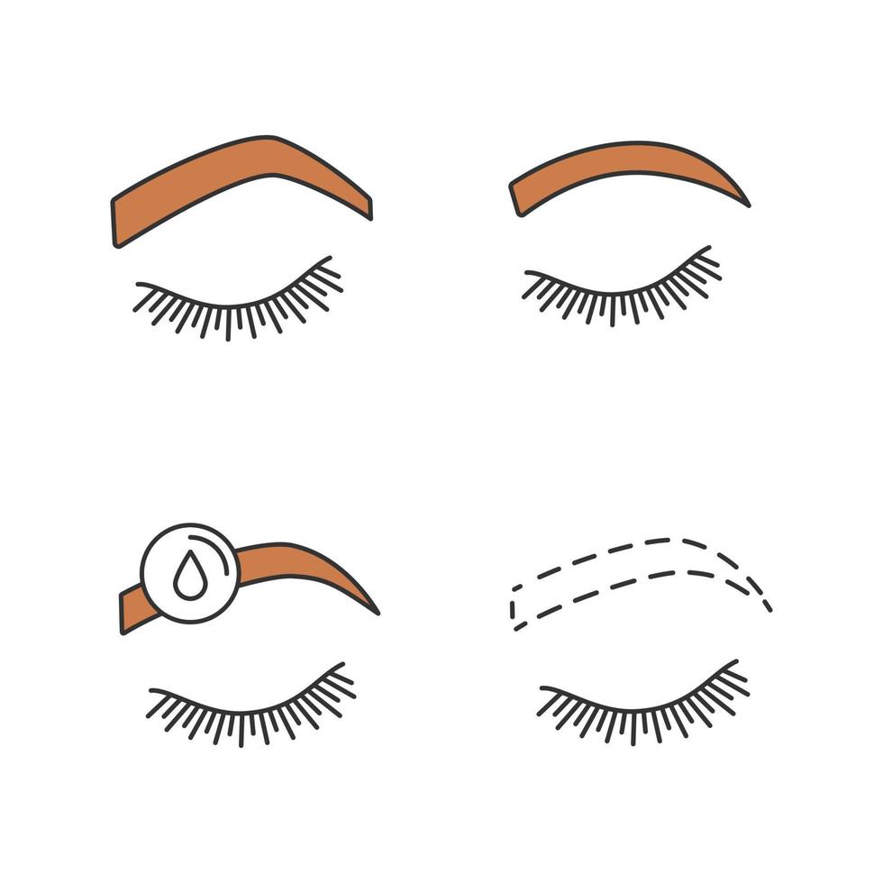 Eyebrows shaping color icons set. Steep arched and rounded eyebrows, makeup removal, brows contouring. Isolated vector illustrations