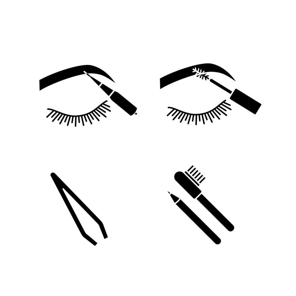 Eyebrows shaping glyph icons set. Brows microblading, mascara, cosmetic tweezer, eyebrows contouring pencil with brush. Silhouette symbols. Vector isolated illustration