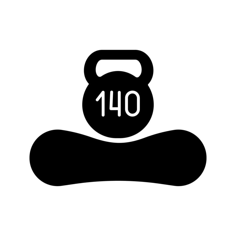 Maximum weight limit up to 140 kg glyph icon. Silhouette symbol. Mattress weight recommendation per person of hundred and forty kilograms. Mattress and kettlebell. Vector isolated illustration
