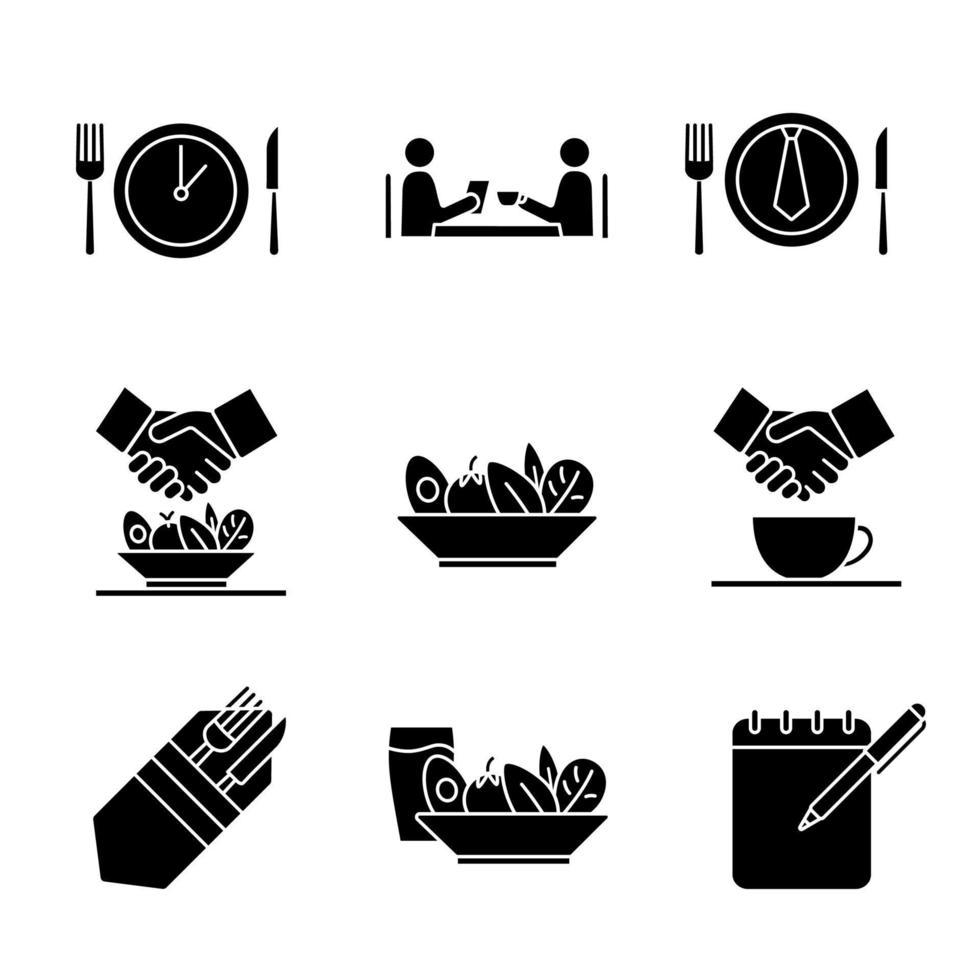 conjunto de iconos de glifo de almuerzo de negocios. colegas, amigos, socios, reunión de clientes. menú de cena de negocios, reglas, etiqueta. asociación exitosa. símbolos de silueta. ilustración vectorial aislada vector