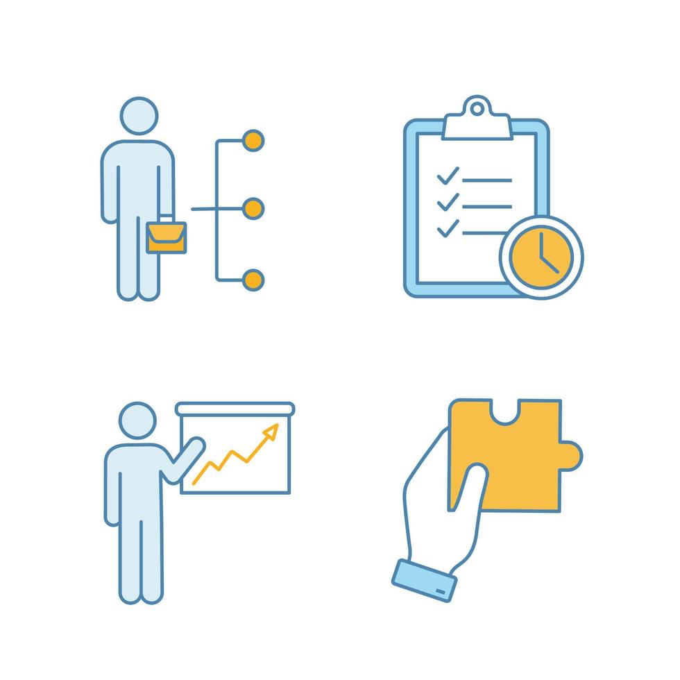 conjunto de iconos de colores de gestión empresarial. habilidades de los empleados, gestión del tiempo, presentación, búsqueda de soluciones. ilustraciones vectoriales aisladas vector