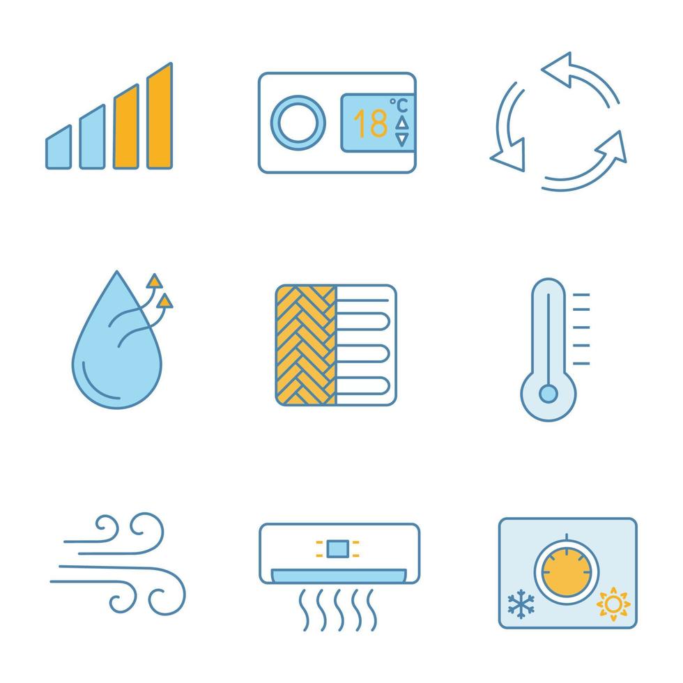 conjunto de iconos de color de aire acondicionado. nivel de potencia, termostato, ventilación, humidificación, suelo radiante, termómetro, flujo de aire, acondicionador de aire, perilla de control de clima. ilustraciones de vectores aislados