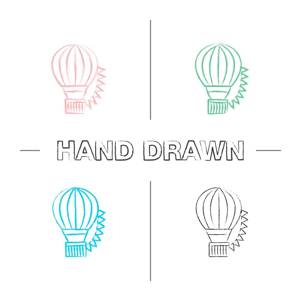 Hot air balloon festival hand drawn icons set. Aerostat. Color brush stroke. Isolated vector sketchy illustrations