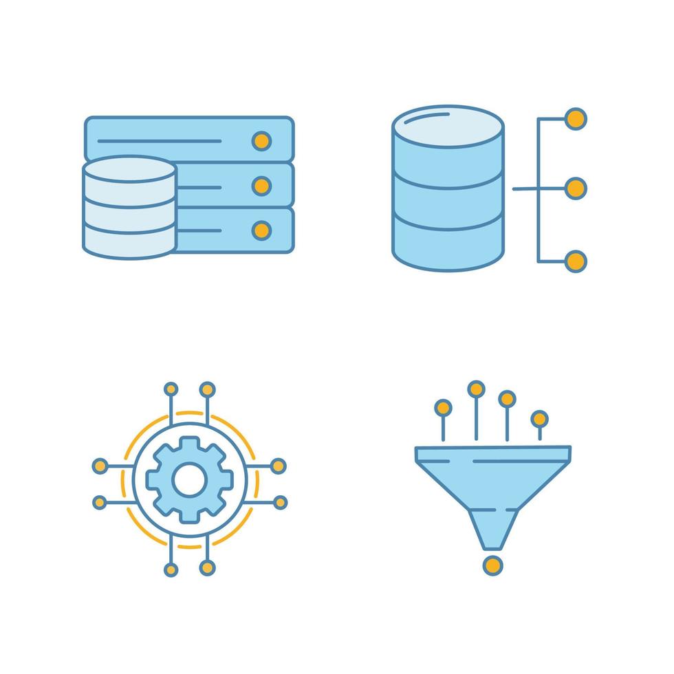 Machine learning color icons set. Relational database, server, digital settings, data filtering. Isolated vector illustrations