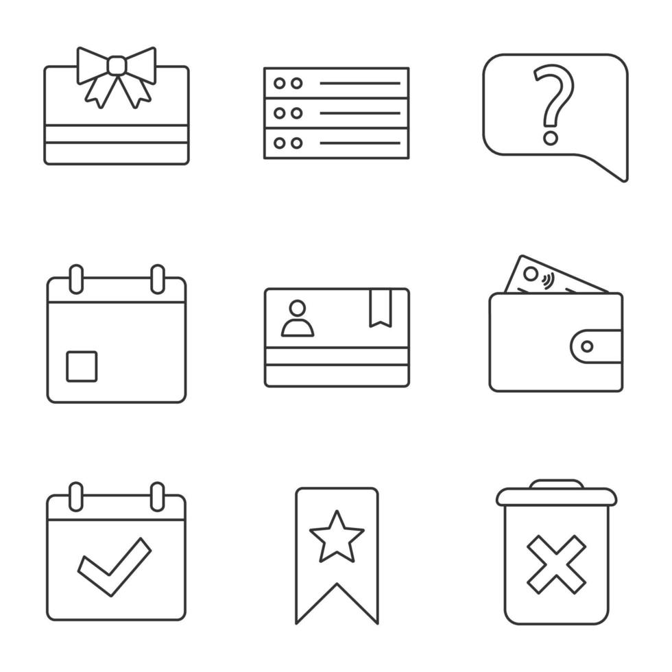 UI UX linear icons set. Gift card, list, live chat, event, id badge, pay, complete day, bookmark, delete forever. Thin line contour symbols. Isolated vector outline illustrations