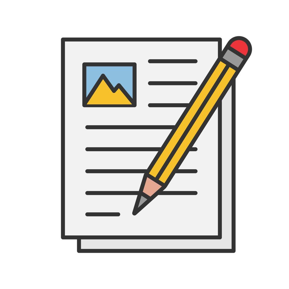 Writing essay color icon. Typing text. Document with pencil. Isolated vector illustration
