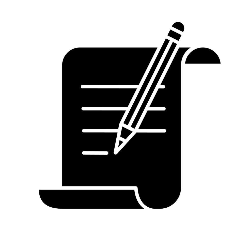 Paper scroll with text and pencil glyph icon. Handwriting. Document, certificate, manuscript. Silhouette symbol. Negative space. Vector isolated illustration