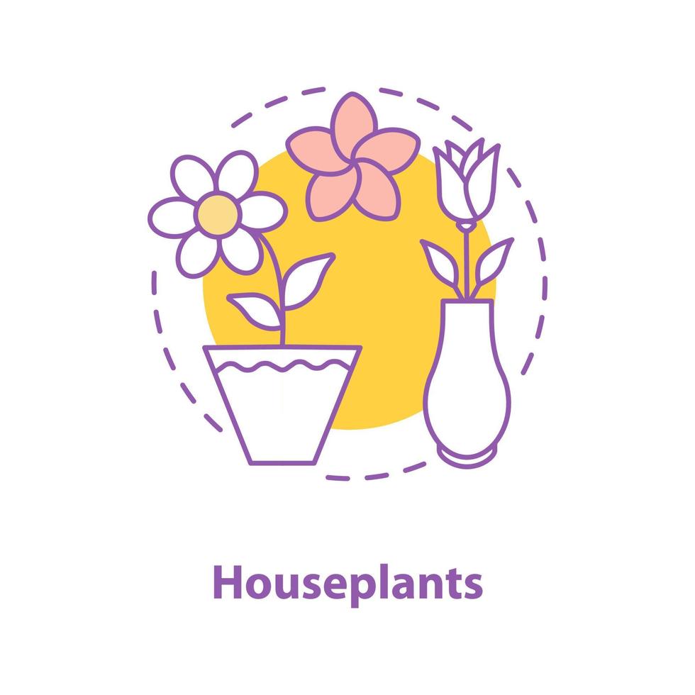 Houseplants concept icon. Flowers idea thin line illustration. Rose in vase, plumeria, crocus in flower pot. Vector isolated outline drawing