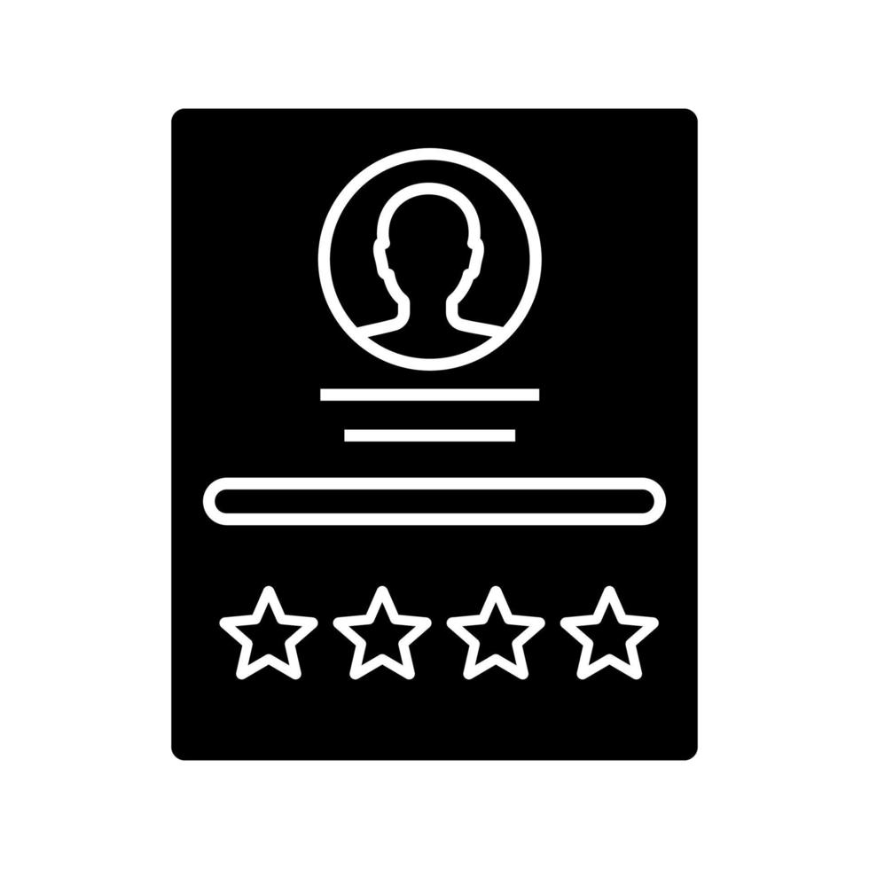 Customer review glyph icon. User profile, resume rating. Feedback. Seller rating. Silhouette symbol. Negative space. Vector isolated illustration