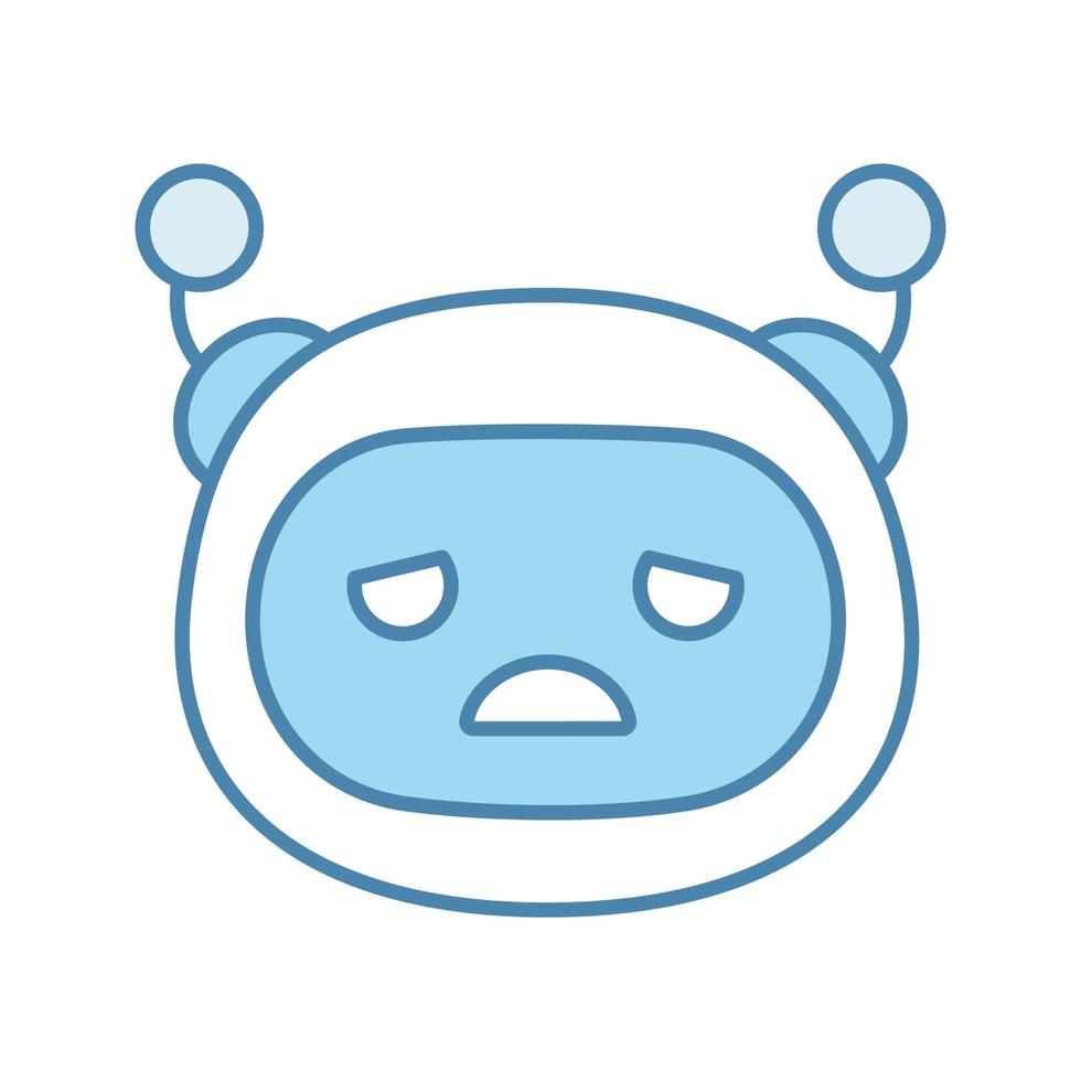 Sad robot emoji color icon. Upset chatbot smiley. Chat bot emoticon. Artificial conversational entity. Virtual assistant. Artificial intelligence. Isolated vector illustration