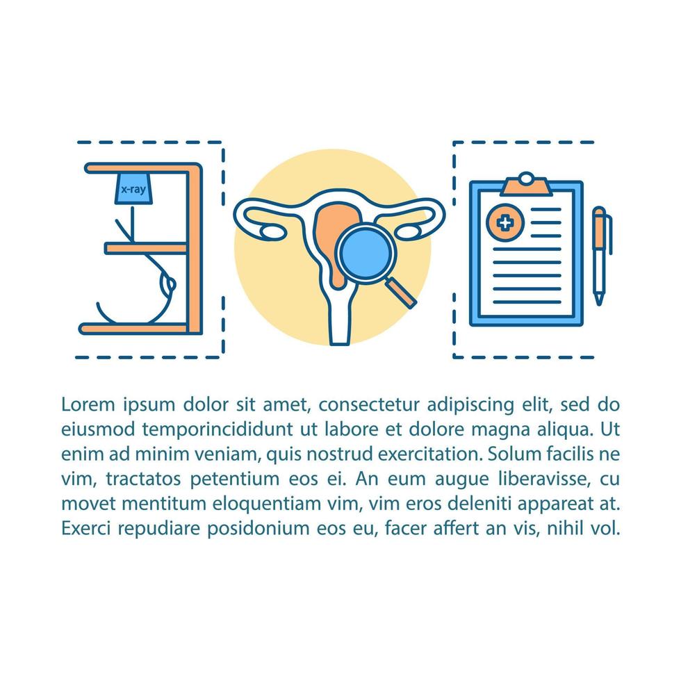 Women's health concept linear illustration. Gynecology. Article, brochure, magazine page layout with text boxes. Medical diagnosis. Gynecological examination. Disease prevention. Print design vector