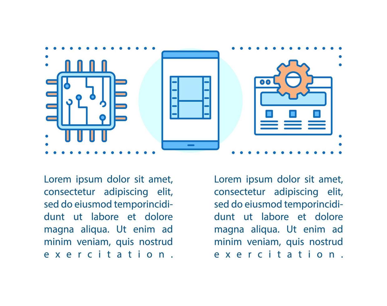 Digital technology concept linear illustration. Software. Mobile apps, internet browser. Smartphone camera. Article, brochure, magazine page layout with text boxes. Print design. Vector drawing