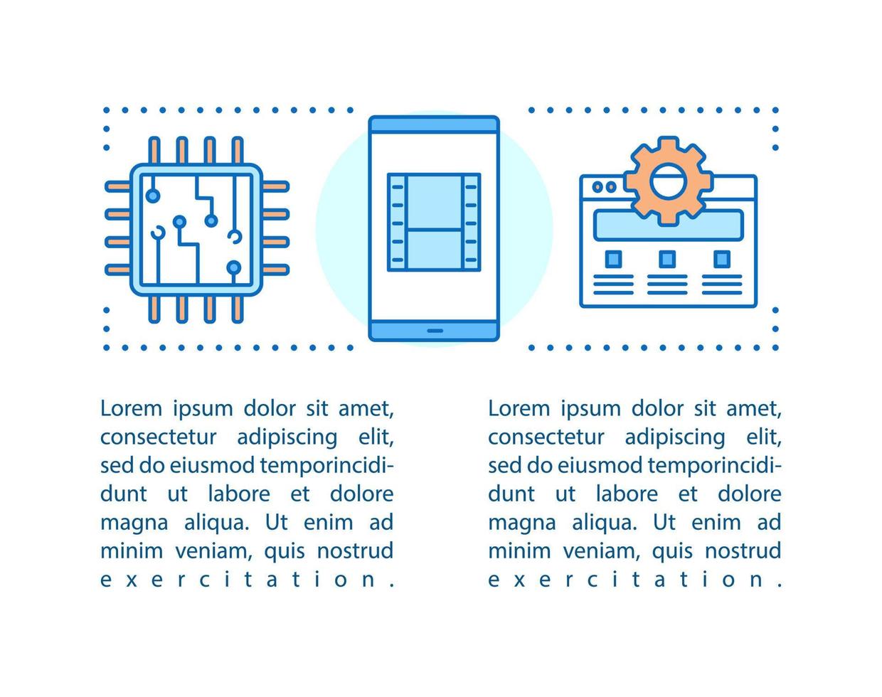 ilustración lineal del concepto de tecnología digital. software. aplicaciones móviles, navegador de internet. cámara de teléfono inteligente artículo, folleto, diseño de página de revista con cuadros de texto. diseño de impresión. dibujo vectorial vector