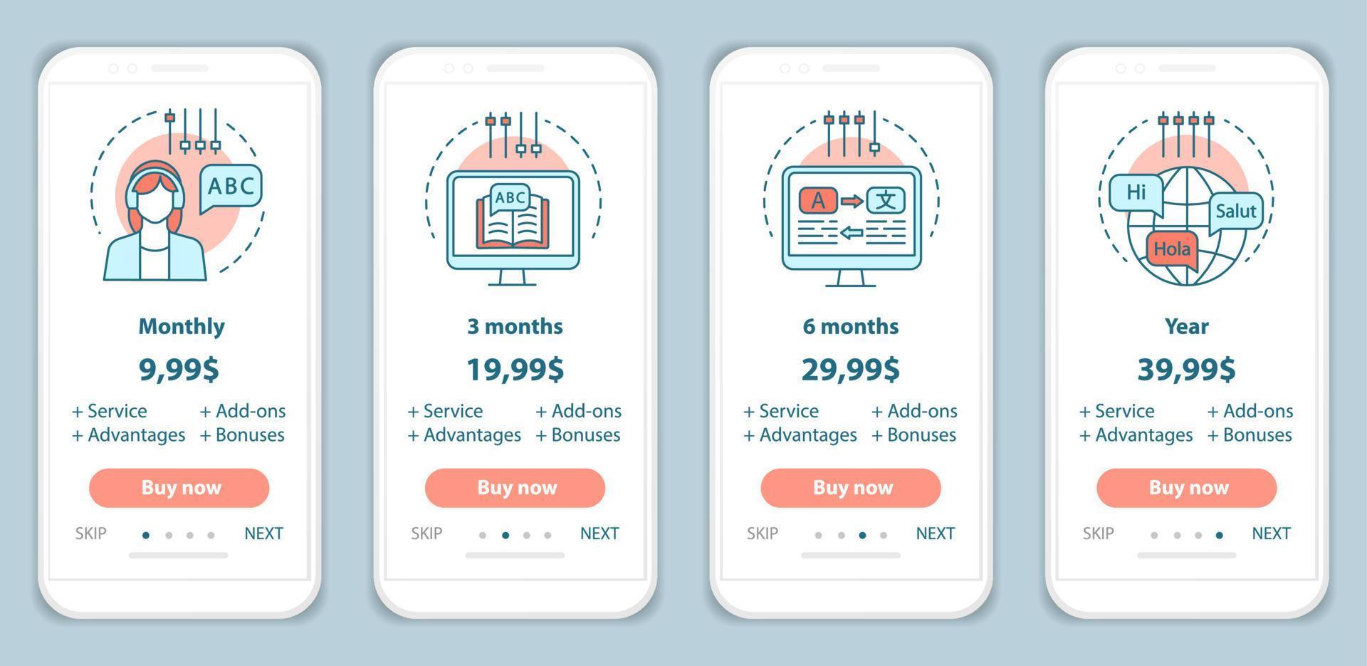 Language learning onboarding mobile app screens with service prices. Walkthrough website pages templates. Online language courses costs steps. Tariff plans. Smartphone payment web page layout vector