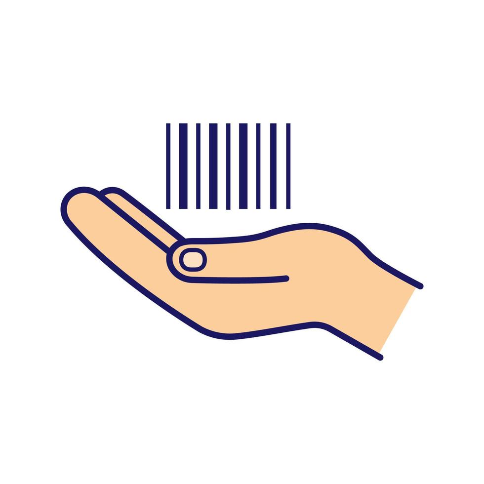 Hand holding barcode color icon. One dimensional code. Barcode generator service. Merchandising. Retail. Linear bar code in hand. Isolated vector illustration