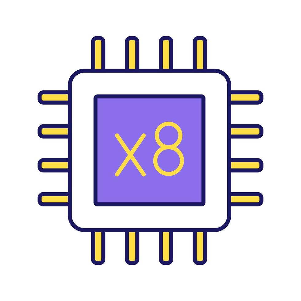 Octa core processor color icon. Eight core microprocessor. Microchip, chipset. CPU. Central processing unit. Computer, phone multi-core processor. Integrated circuit. Isolated vector illustration