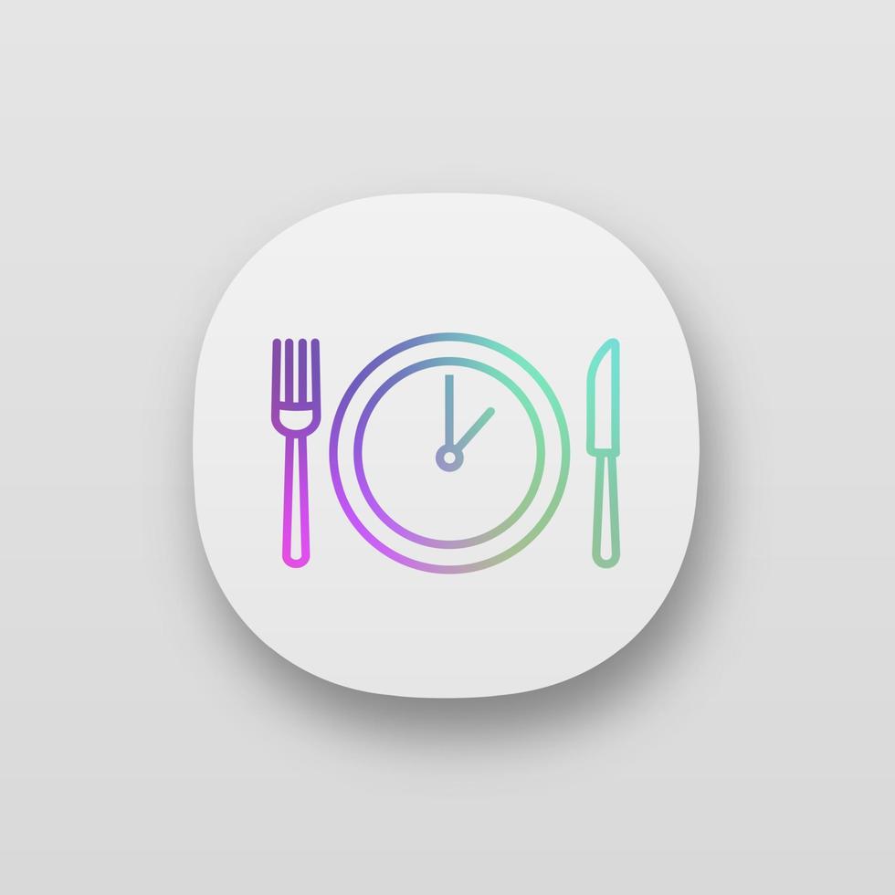 Lunch time app icon. Dinner break. Afternoon business meeting. Business lunch timing and duration. Table knife, fork and plate with clock inside. UI UX user interface. Vector isolated illustration