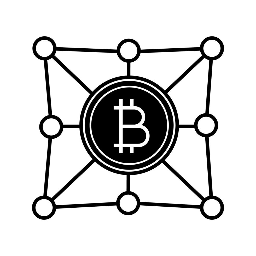 Blockchain network glyph icon. Bitcoin. Cryptocurrency. Digital money. Fintech and big data. Silhouette symbol. Negative space. Vector isolated illustration