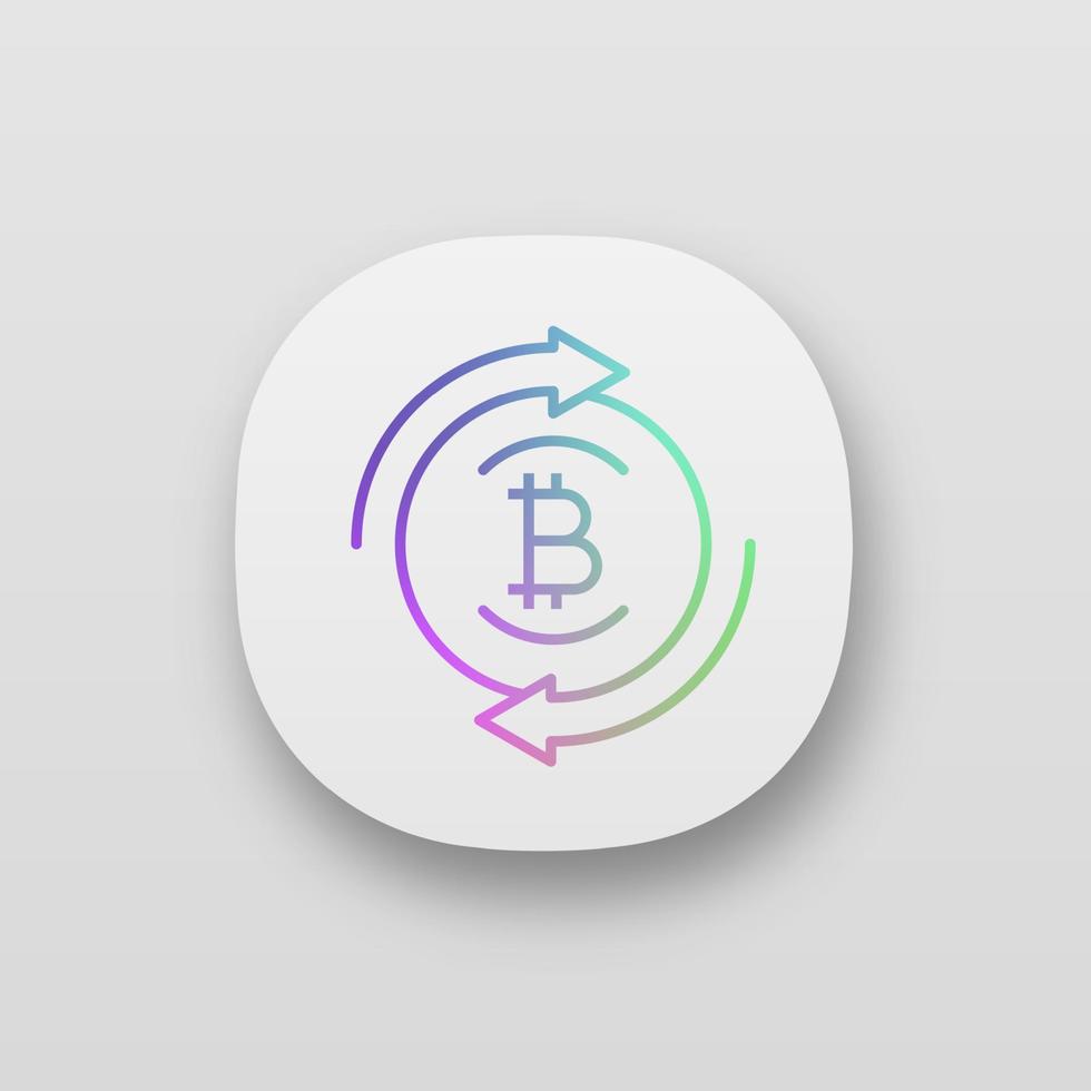 Bitcoin exchange app icon. Digital currency transaction. UI UX user interface. Circle arrows with bitcoin coin inside. Refund cryptocurrency. Web or mobile application. Vector isolated illustration