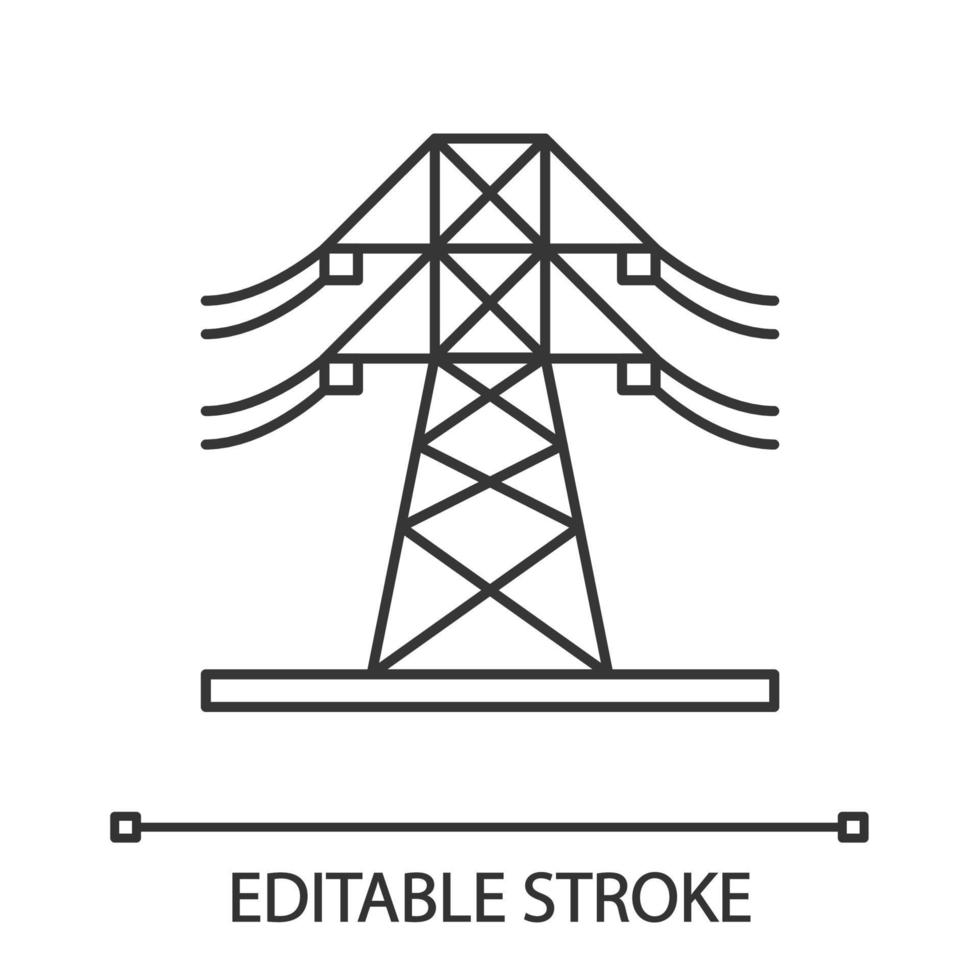High voltage electric line linear icon. Powerline. Thin line illustration. Electric power pylon. Transmission tower. Contour symbol. Vector isolated outline drawing. Editable stroke