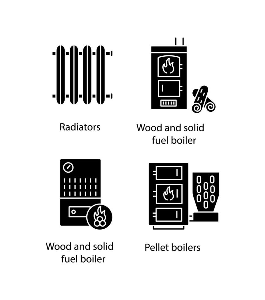 conjunto de iconos de glifo de calentamiento. radiador, caldera de leña y pellets, calentador de combustibles sólidos. símbolos de silueta. ilustración vectorial aislada vector