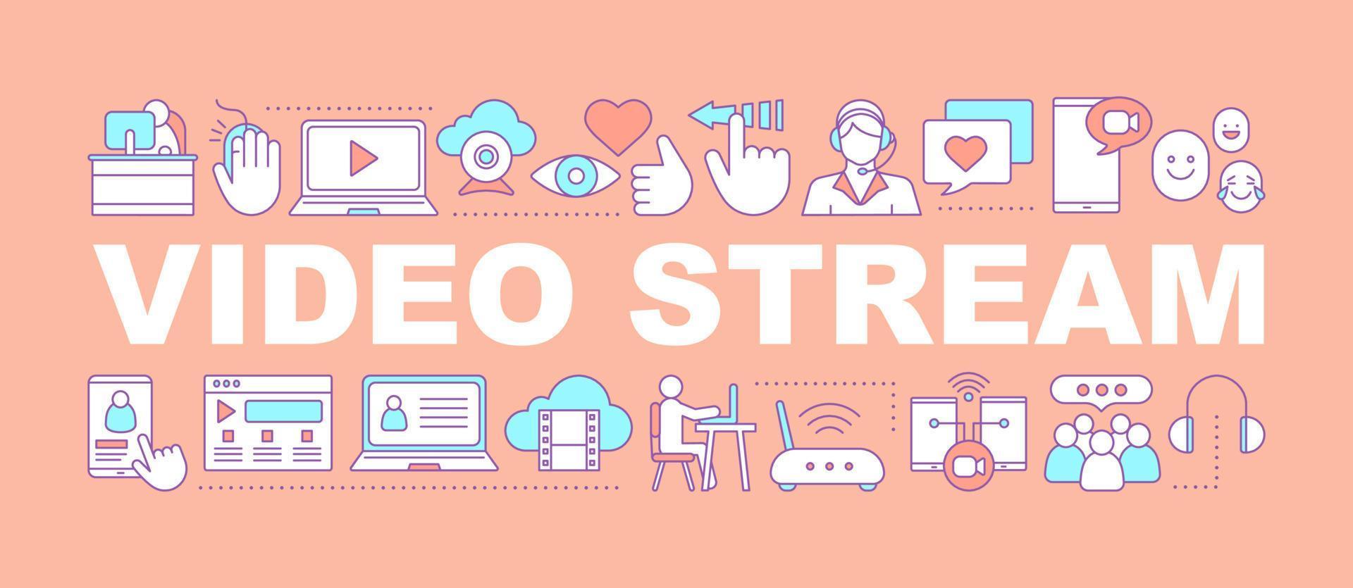 Video streaming word concepts banner. Vlog. Social media. Video hosting. Isolated lettering typography idea with linear icons. Blogging. Online communication. Vector outline illustration