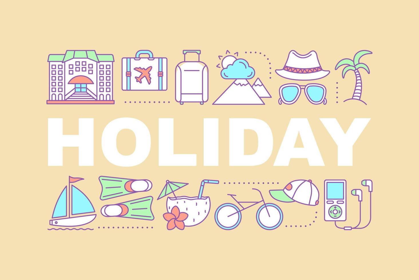 Holiday word concepts banner. Vacation. Summer rest. Resort. Tourism. Isolated lettering typography idea with linear icons. Vector outline illustration