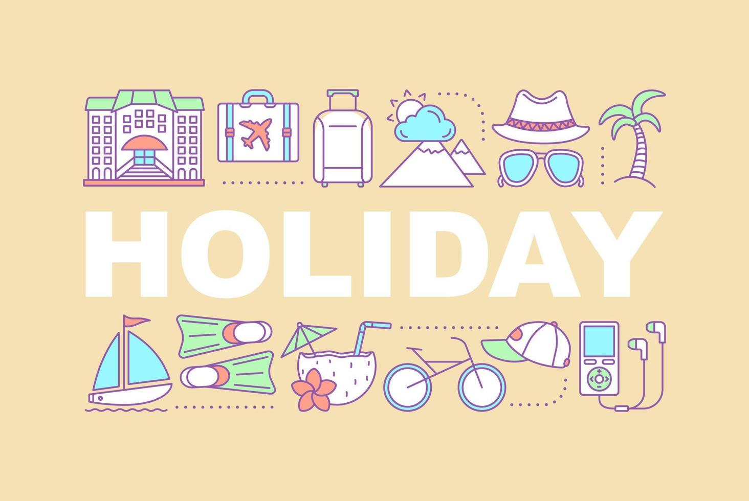 banner de conceptos de palabra de vacaciones. vacaciones. descanso de verano. recurso. turismo. idea de tipografía de letras aisladas con iconos lineales. ilustración de contorno vectorial vector