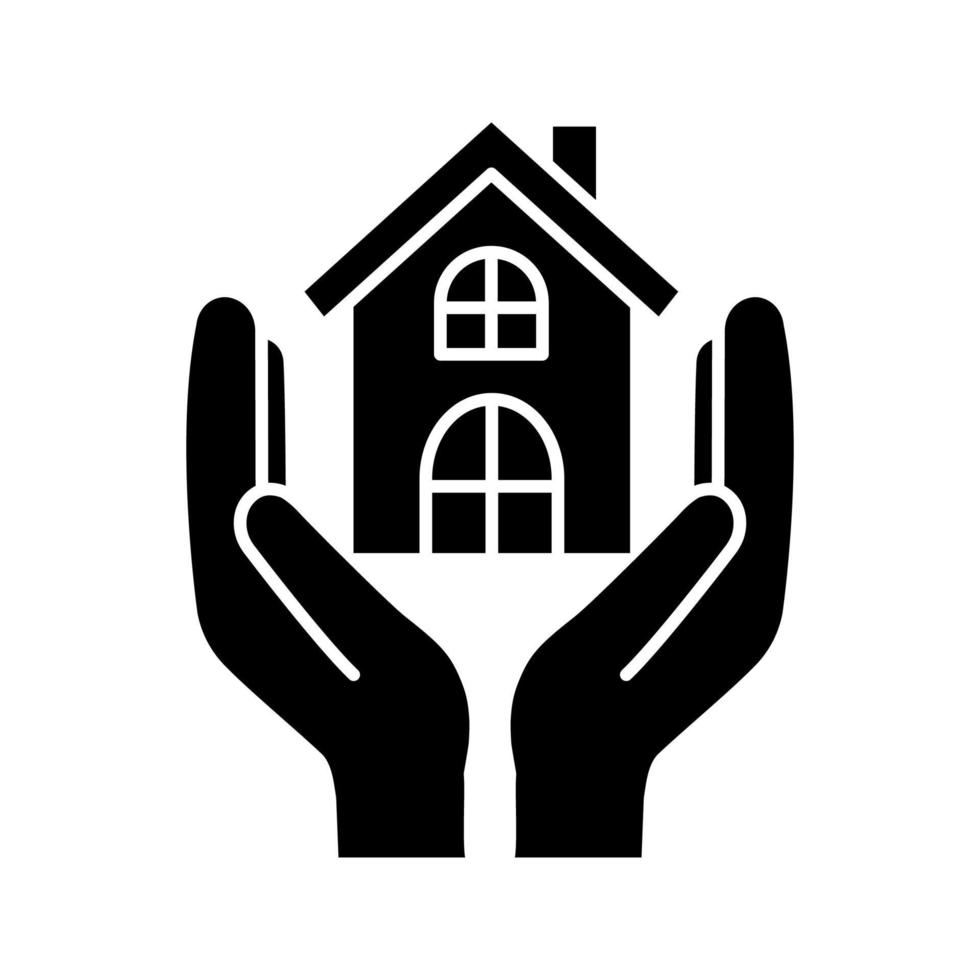 Affordable housing glyph icon. Silhouette symbol. Shelter for homeless. Real estate insurance. Hands holding house. Negative space. Vector isolated illustration