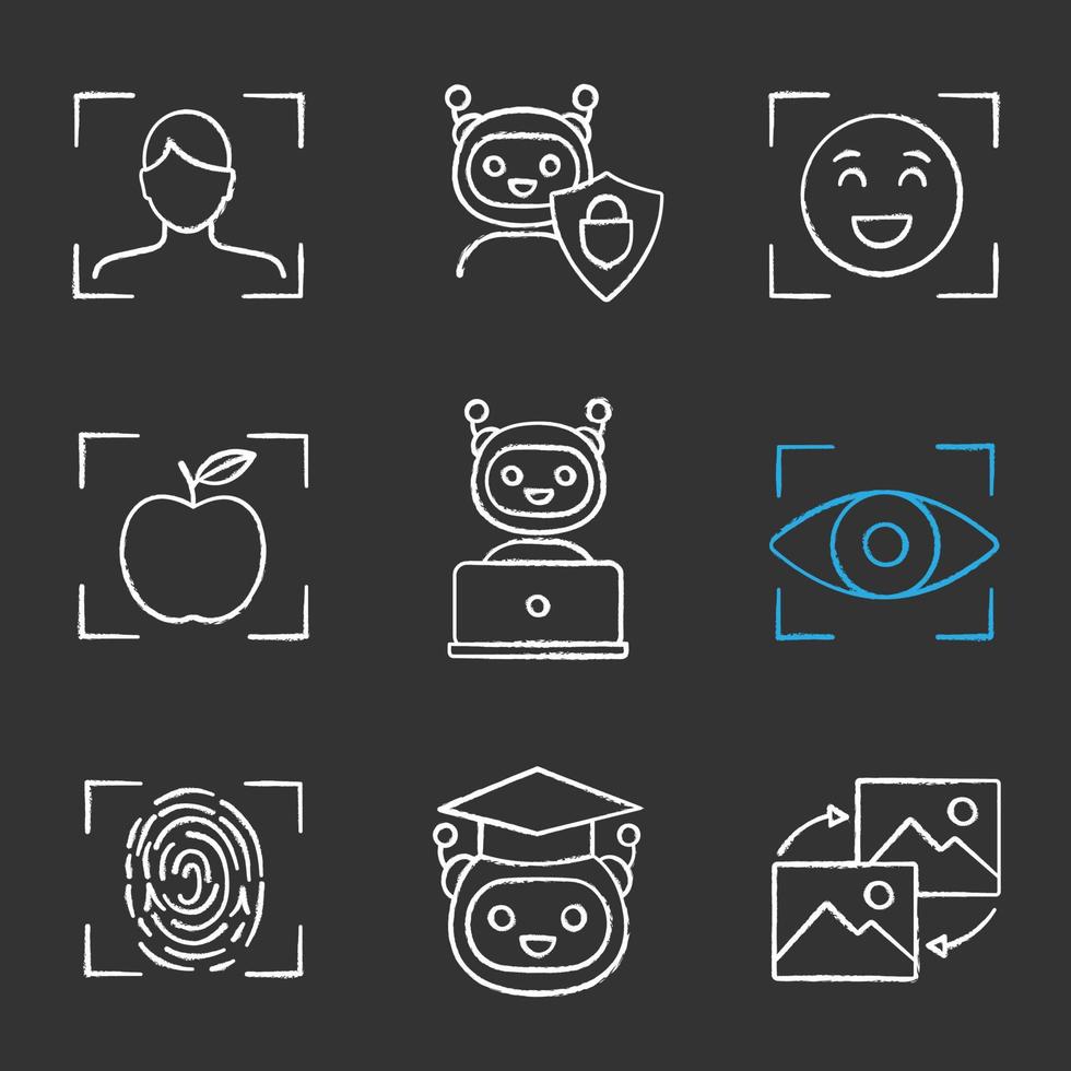 conjunto de iconos de tiza de aprendizaje automático. inteligencia artificial. chatbot, rostro, retina, identificación de huellas dactilares. Ilustraciones de vector pizarra