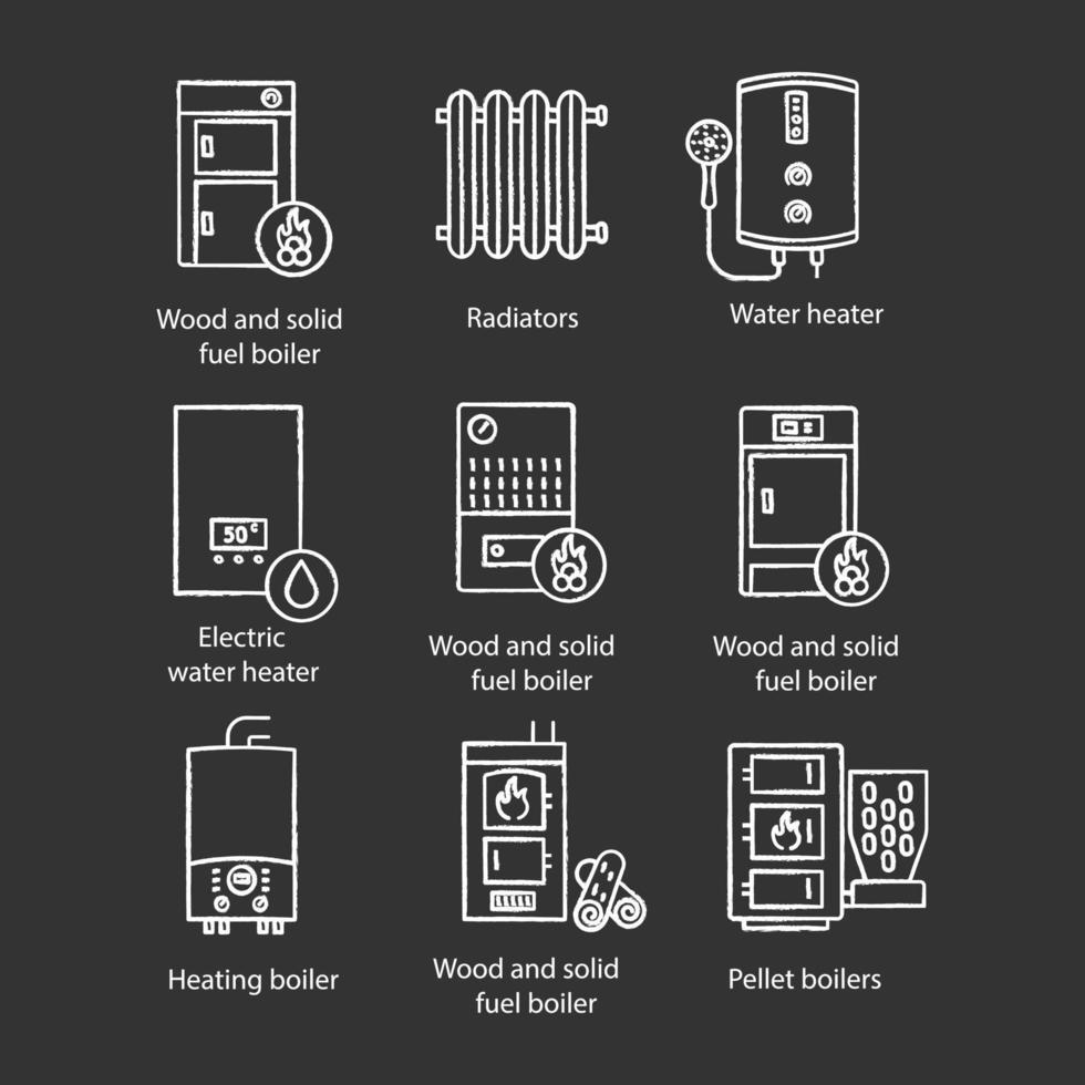 conjunto de iconos de tiza de calentamiento. Calderas, radiadores, calentadores de agua. gas, electrico, pellet, calderas. sistemas de calefacción central comerciales, industriales y domésticos. Ilustraciones de vector pizarra