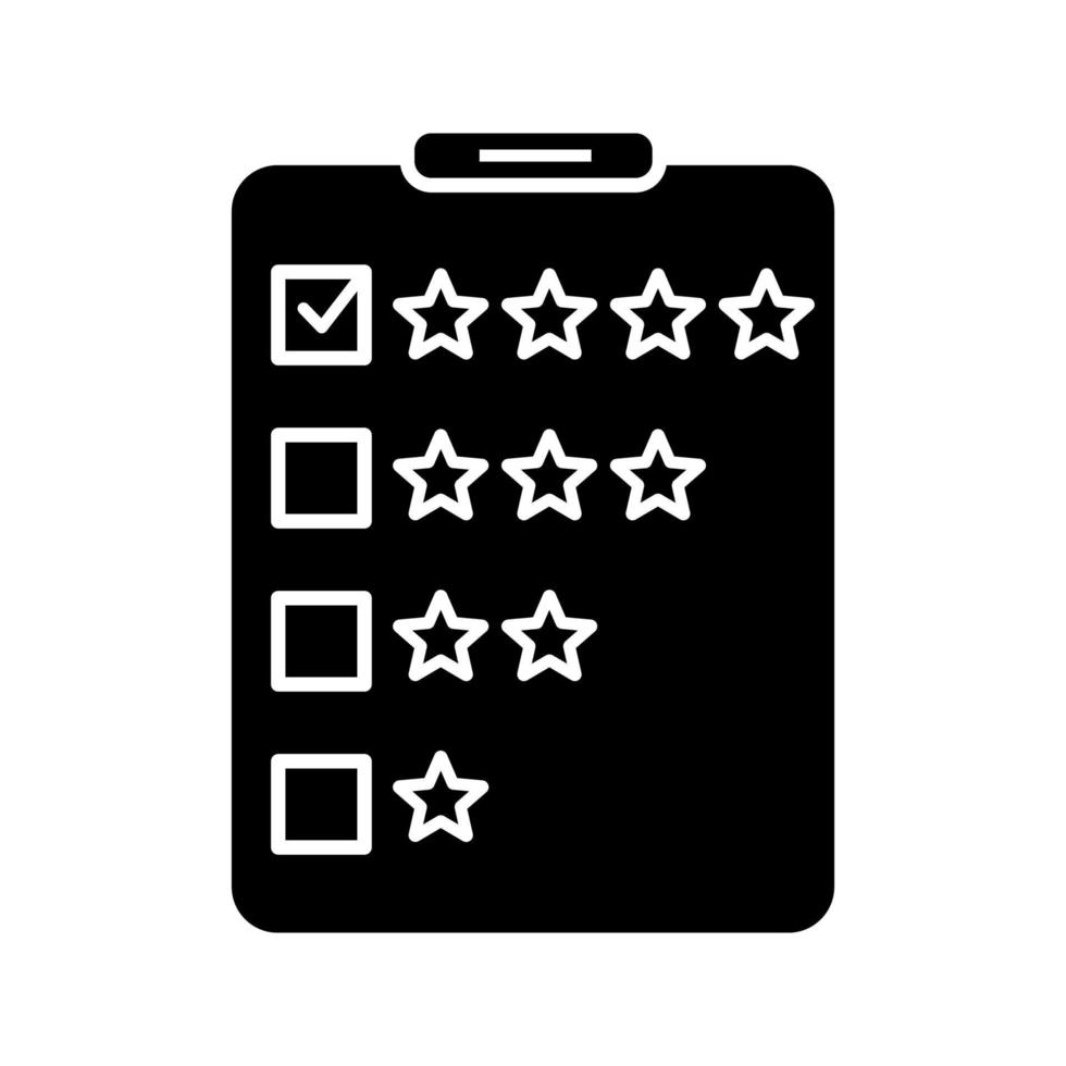 Rating survey glyph icon. Ranking research questions. Customer feedback and reviews. Silhouette symbol. Negative space. Vector isolated illustration
