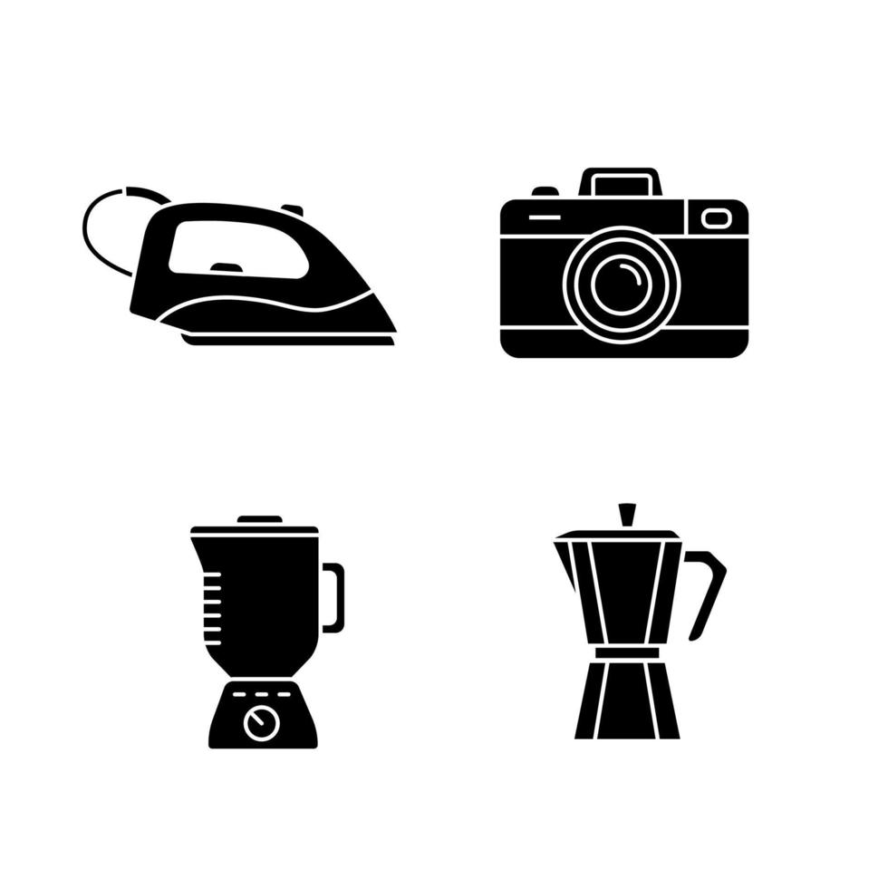 Household appliance glyph icons set. Steam iron, photo camera, blender, stove top coffee maker. Silhouette symbols. Vector isolated illustration