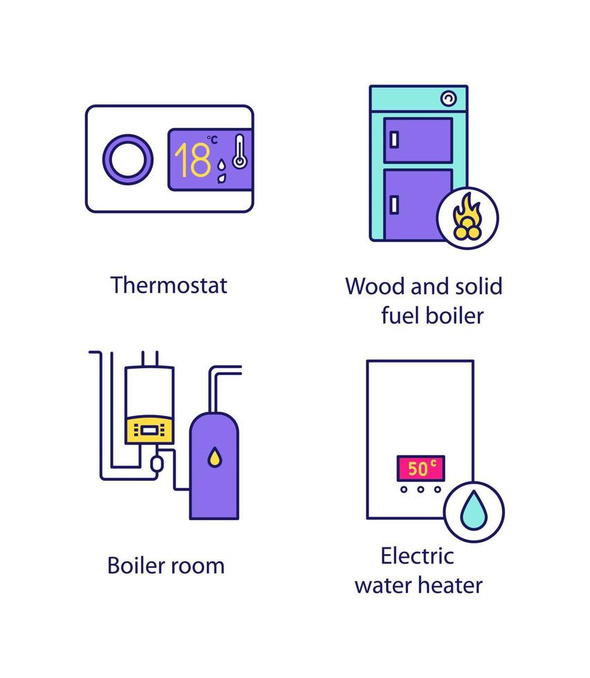 Heating color icons set. Digital thermostat, solid fuel boiler, boiler room, electric water heater. Isolated vector illustrations