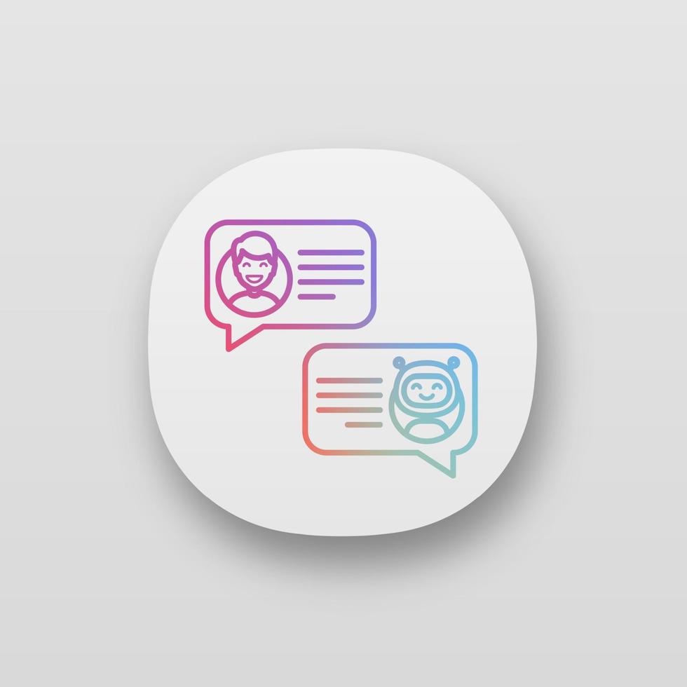 Support chatbot app icon. UI UX user interface. Talkbot. Online virtual assistant. Chat bot. Modern robot. Man chatting with messenger bot. Web or mobile application. Vector isolated illustration