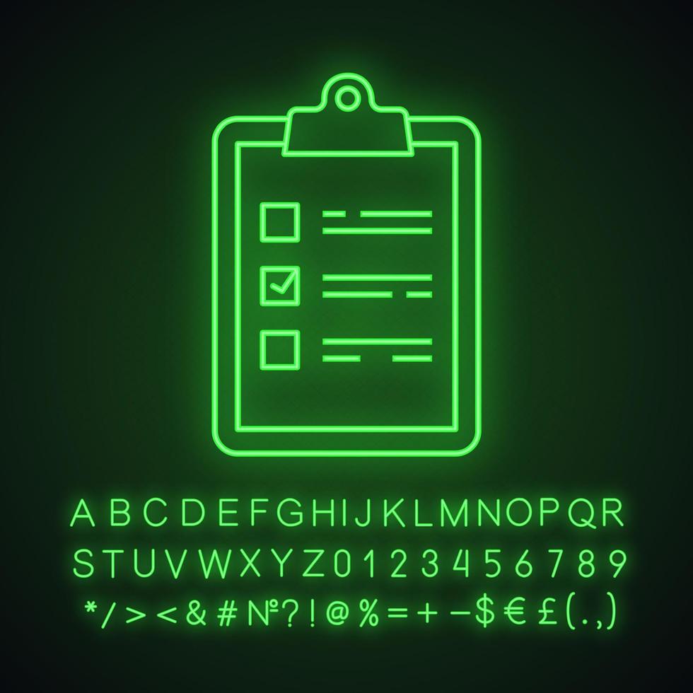 Task planning neon light icon. Checklist. To do list. Glowing sign with alphabet, numbers and symbols. Project management. Tasks list. Vector isolated illustration