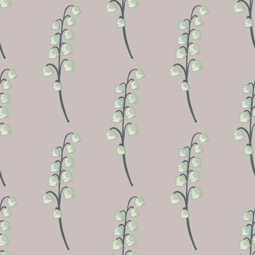 Botanic spring seamless pattern with lily of the valley print. Pastel lilac background. WIld flowers cute backdrop. vector