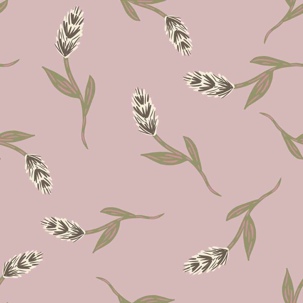 Pastel pink colored seamless pattern with beige ear of wheat elements print. Hand drawn nature harvest backdrop. vector