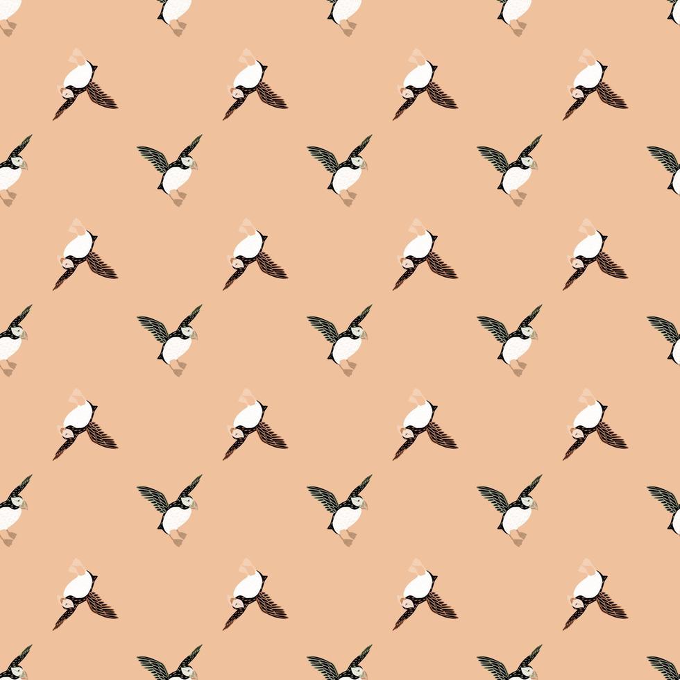Nordic nature animal seamless pattern with little puffin shapes print. Pastel light pink background. vector