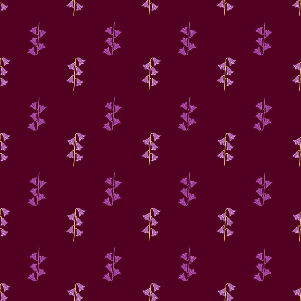 Pink colored seamless doodle pattern with pink simple style bell flowers shapes. Maroon dark background. vector