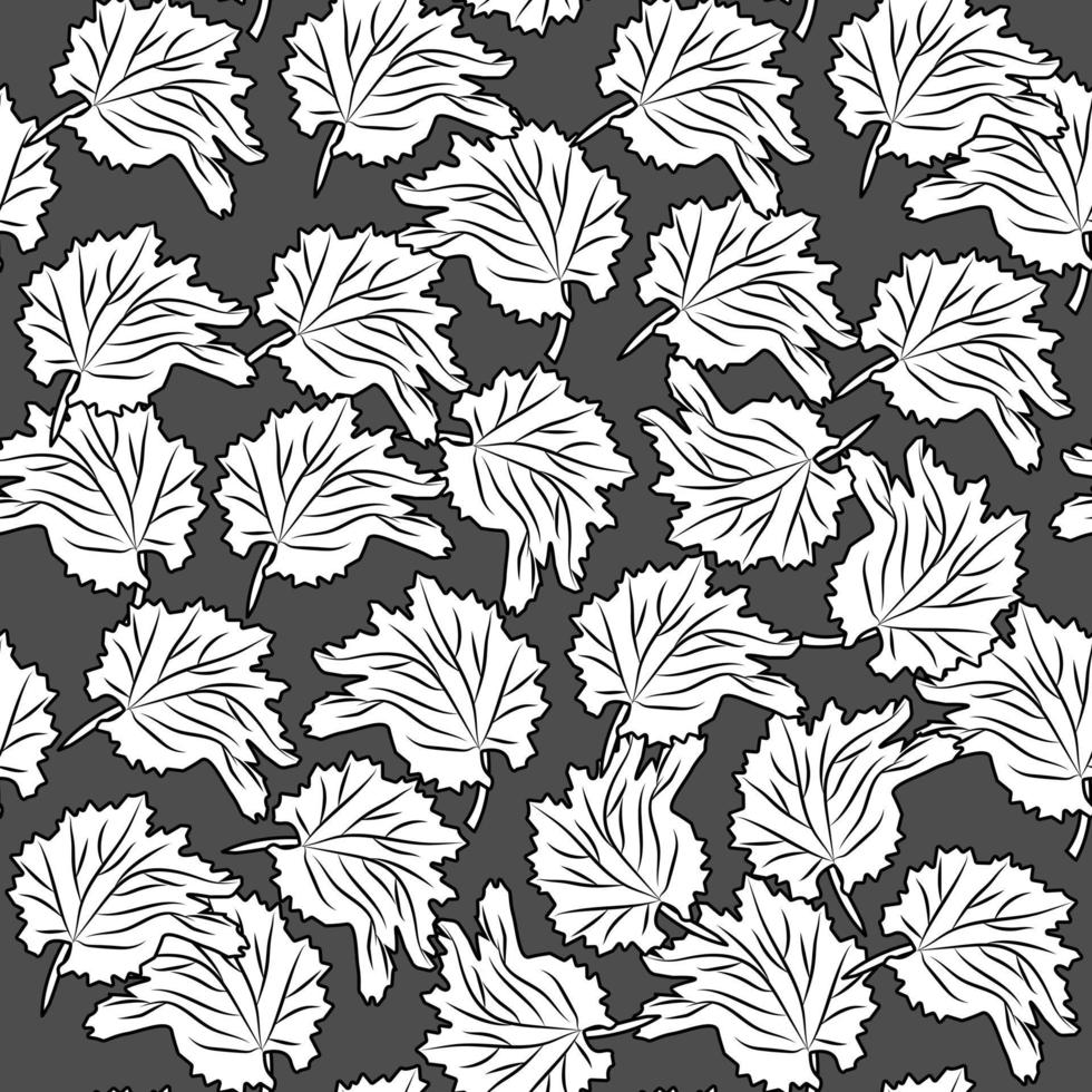 Hand drawn leaf seamless pattern on black background. Monochrome leaves vintage engraved style. vector